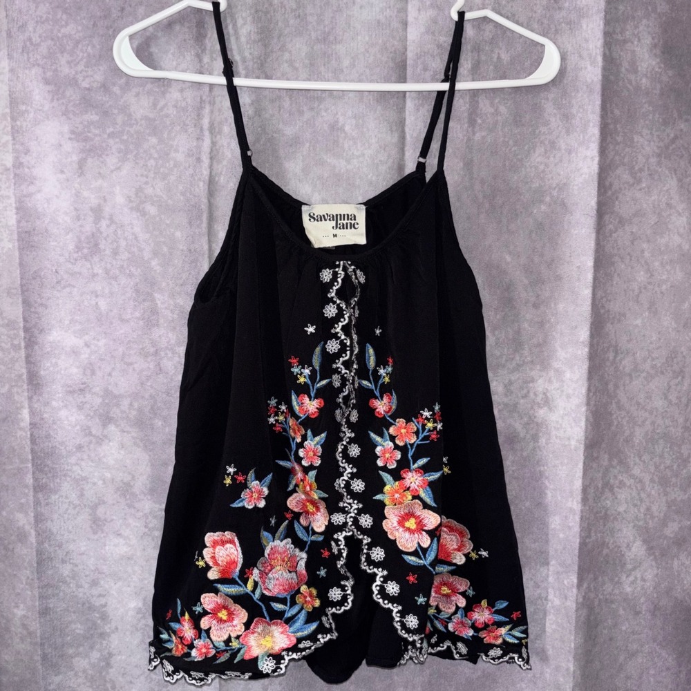Savanna Jane Womens Medium Black Floral Embroidered Boho Camisole Tank Top